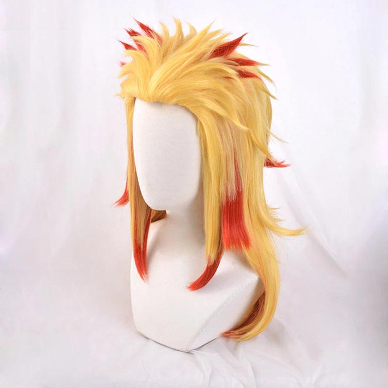 High Quality Anime Cosplay Rengoku Kyoujurou Cosplay Wig Blonde Red Ombre Heat Resistant Hair Pigtail Wigs + WigCap