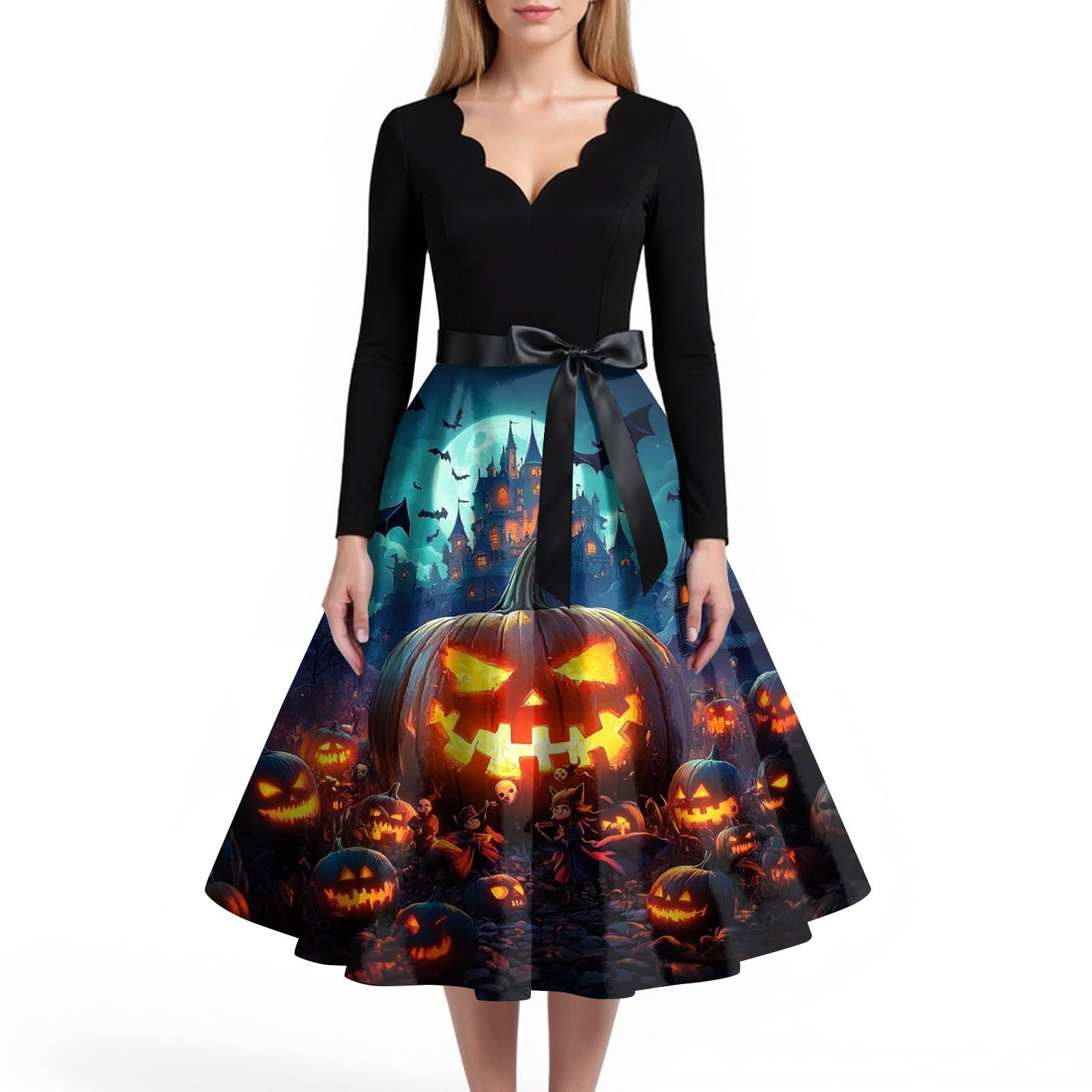 

Женское повседневное и модное платье с V-образным вырезом и длинными рукавами с принтом на Хэллоуин XXXXL