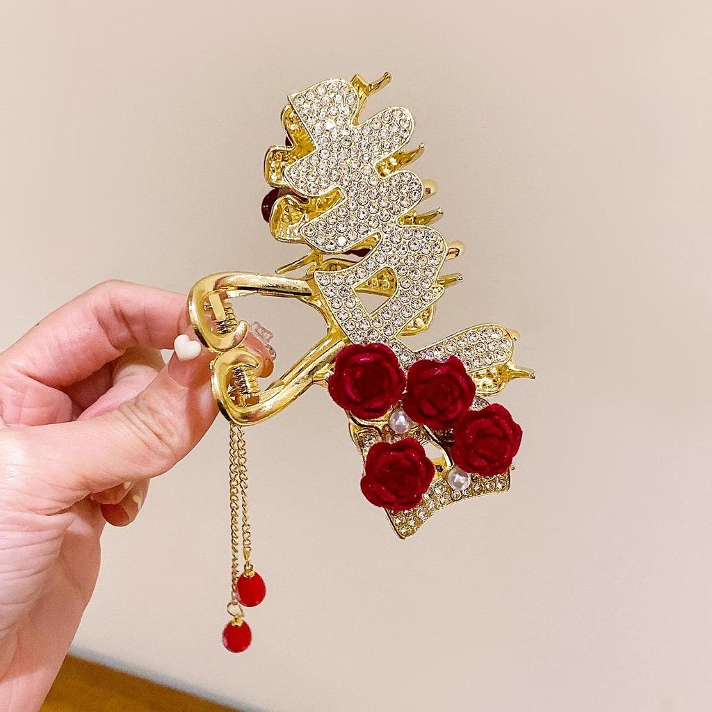 "Elegante Fermaglio per Capelli Anno del Drago: Pinza per Capelli a Forma di Squalo Stile Cinese con Strass di Alta Gamma per Donne"
