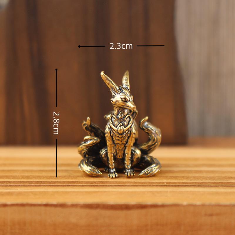 1Pcs Nine Tailed Fox Miniature Figurines Desk Ornament Brass Mythical Fox Statue Mini Copper Animal Sculpture Home Decor Crafts