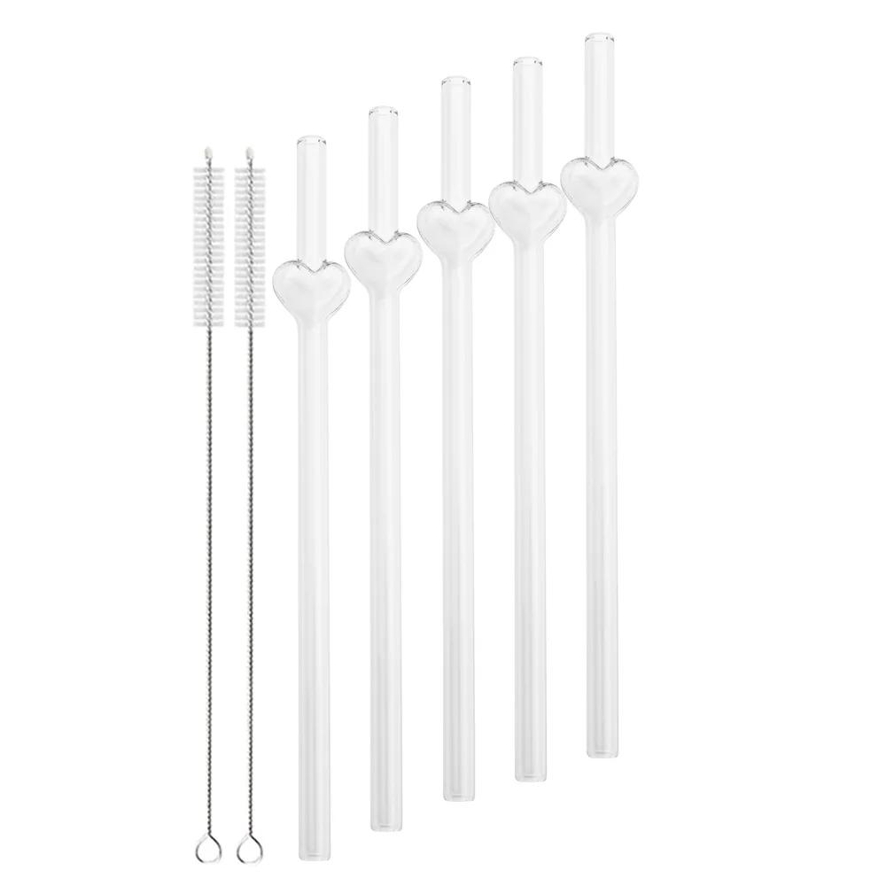 

5Pcs Orange Heart Shape Reusable Glass Straws Set Cocktails Iced Coffee Cold Beverages Home Drinking Straws with Cleaning Brush прозрачный