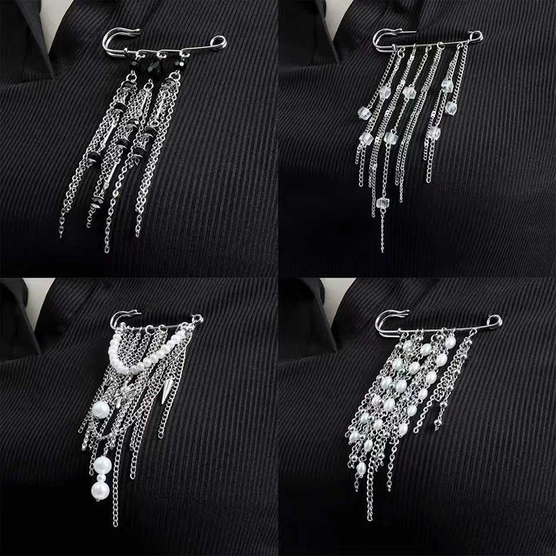 Hip Hop Trendy Imitation Pearl Tassel Chain Brooches For Men Women Waist-Shaping Fixed Pin Accessory Multi-Functional Jewelry