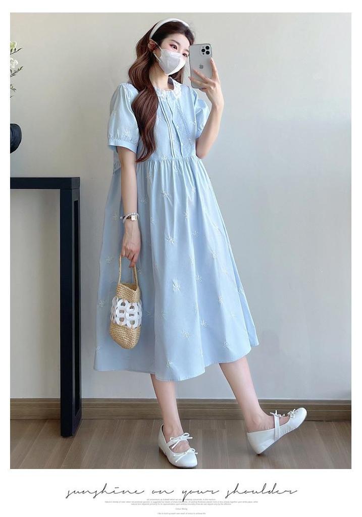 Summer 2026 Maternity Dress with Butterfly Embroidery and Lace Trim
