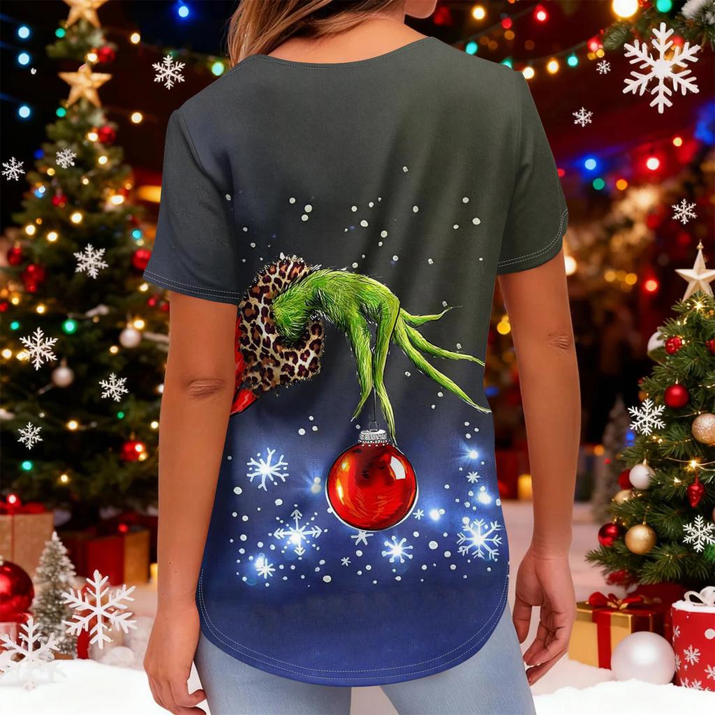 Women's Loose Short Sleeved Fashionable Tooth Pattern Printing V-neck Buttonable Side Slit Top T-shirt