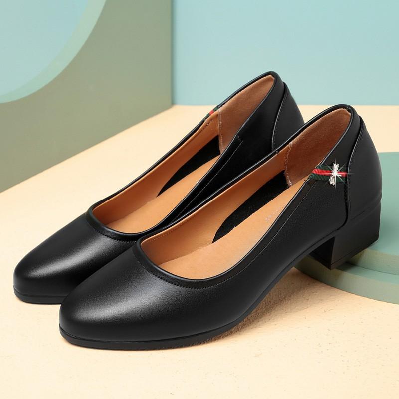 Soft leather soft sole single shoes women's round head low heel, non-slip, wear-resistant, comfortable and versatile work women's shoes