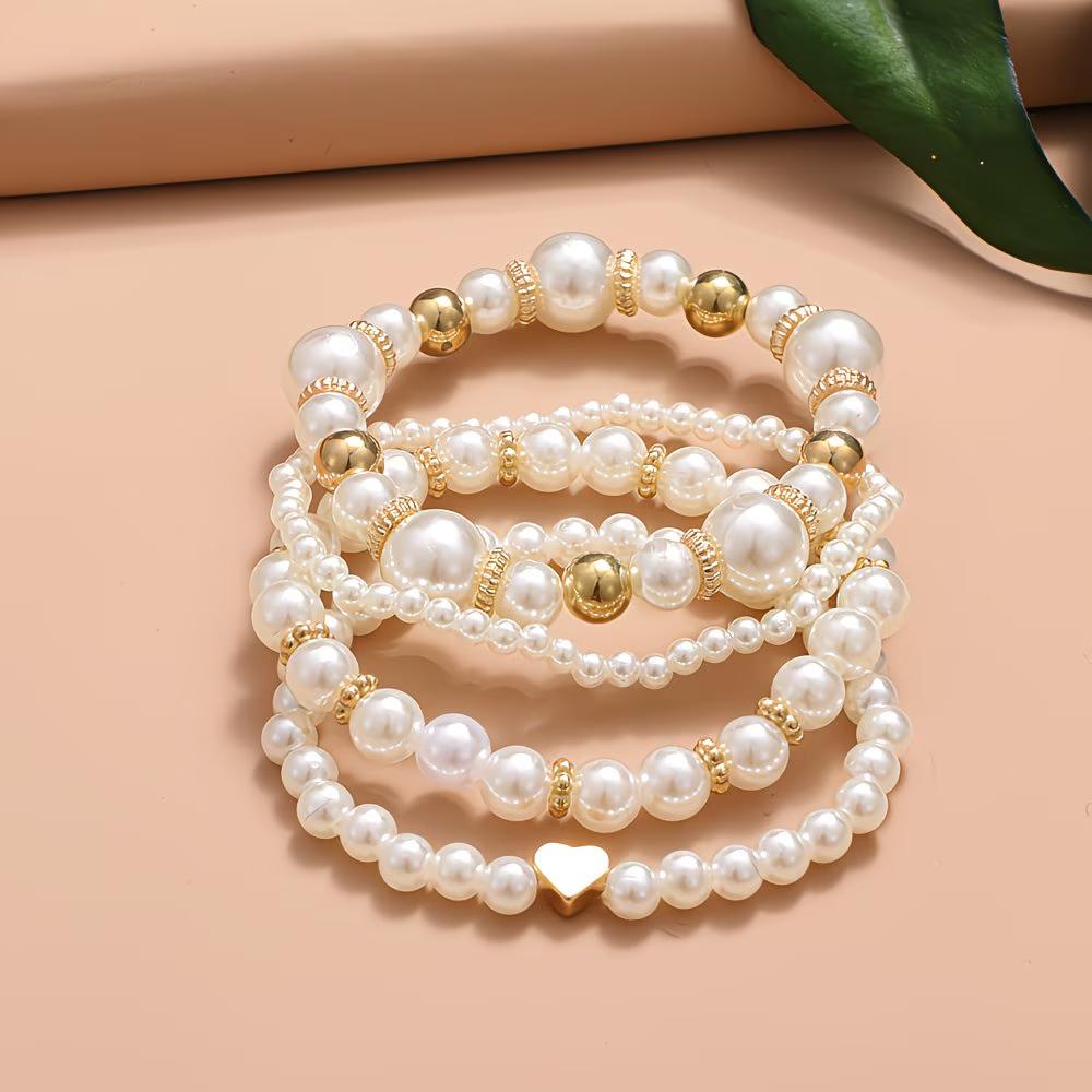 4pcs Elegant Vintage Minimalist Women'S CCB Imitation Pearl Beaded Elastic Bracelet Set , Suitable for Daily Wear, Vacation, Parties, Weddings Gifts,