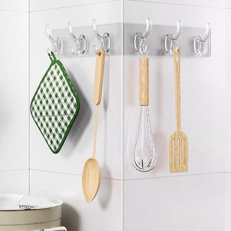 6 Row Multipurpose Hooks Nail-free Transparent Holder Strong Self Adhesive Wall Hook Kitchen Bathroom Traceless Hanger Stickers
