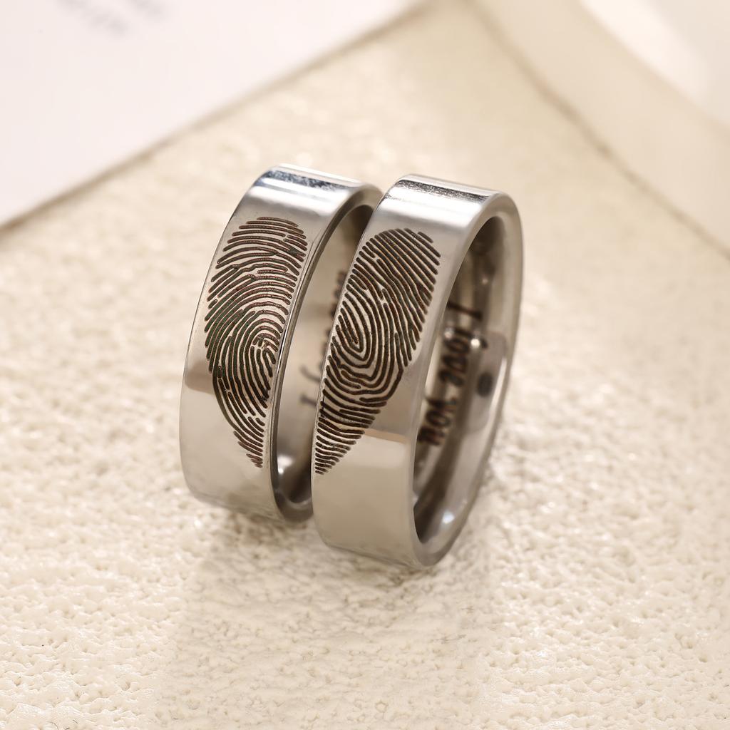 Original Design Black Silver Color Stainless Steel Heart Fingerprint Couple Rings for Women Men Personality Jewelry Friend Gift