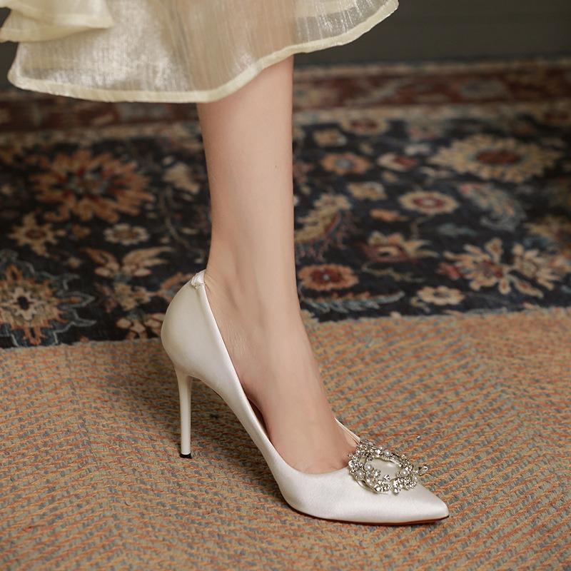 White high heels silk new pointed rhinestone thin heel shallow mouth wedding dress bridal banquet shoes