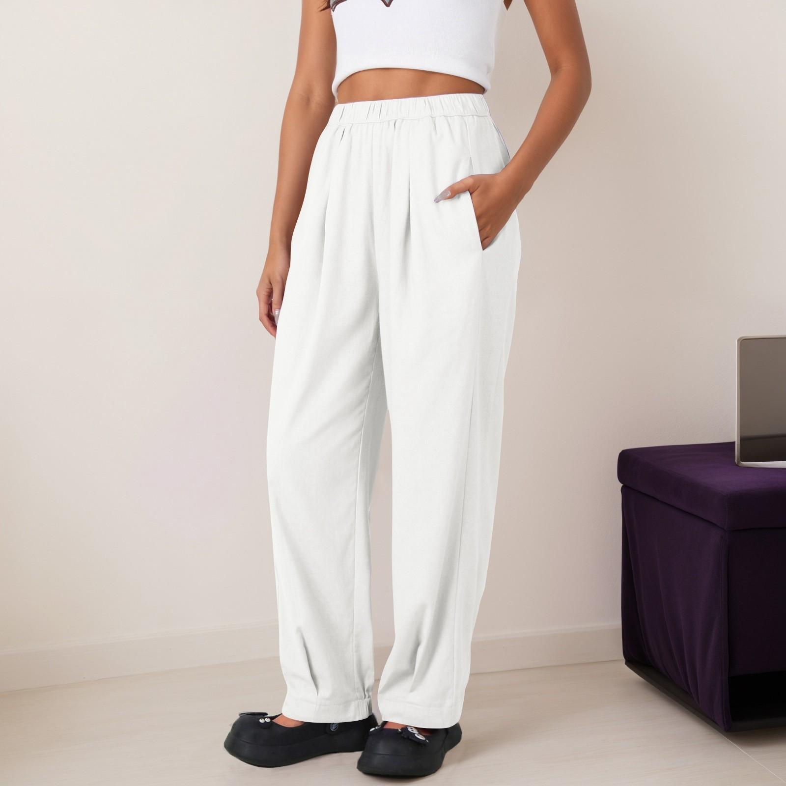 

Женские модные однотонные повседневные укороченные брюки с эластичной талией и карманами XL белый