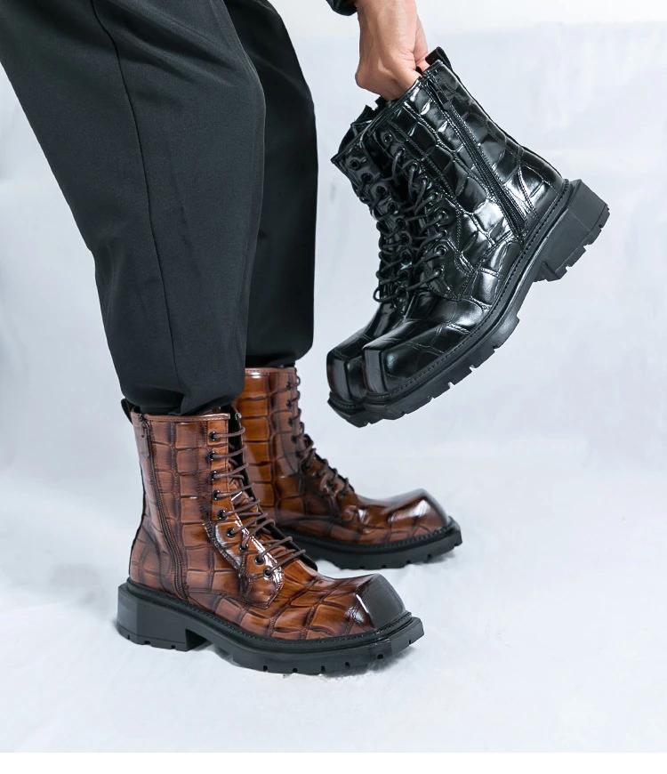 2024 Autumn New Men's Shoes High Top Casual Fashion Trend Brand Increase Big Head Leather Boots Large Size 38-45