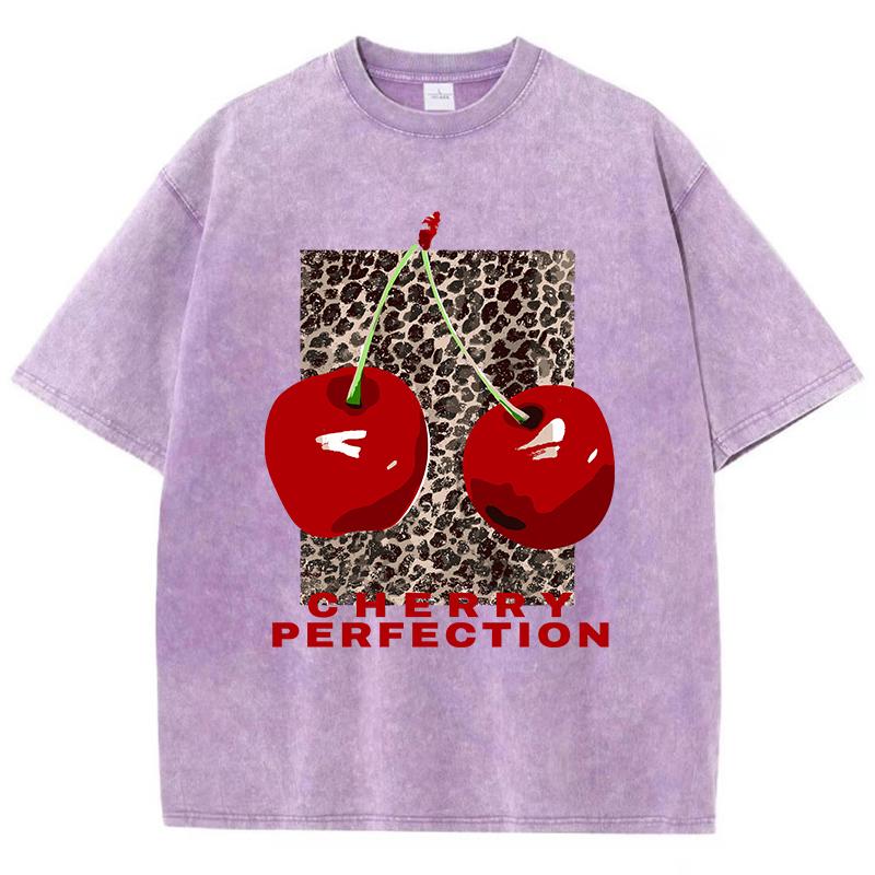 

Cherry Perfection Washed T Shirt Women Cotton Leopard Prints Oversize Tops Vintage Black O-Neck T-Shirts Summer Woman Clothes XL