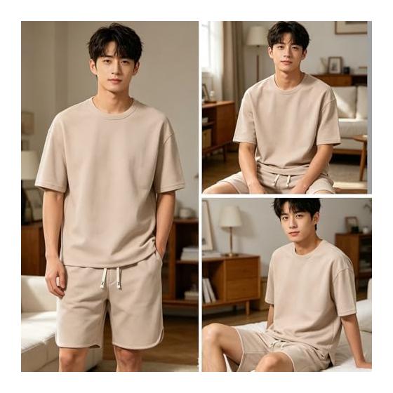 [ANONIE] Men's Short Sleeve Top and Bottom Set, Jersey, Loungewear, Summer Loungewear, Sportswear, Plain, Large Size, Sweat Absorbent, Quick Drying,