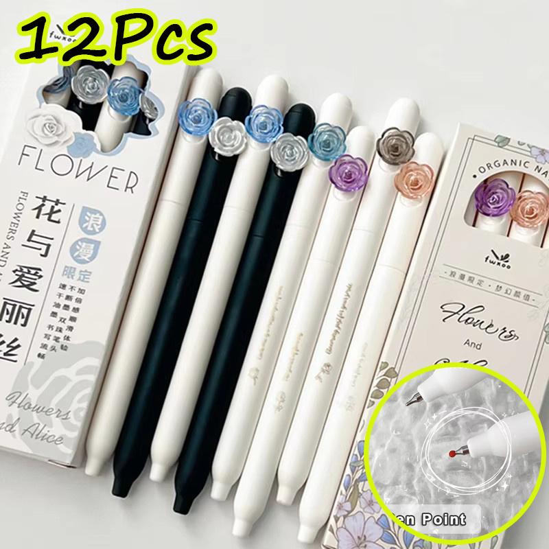 12Pcs Romantic Flower Series Gel Pen for Students 0.5MM Quick Dry Gel Ink Pen Rotate Writing Pen School Office Supplies High Quality Novelty Signature