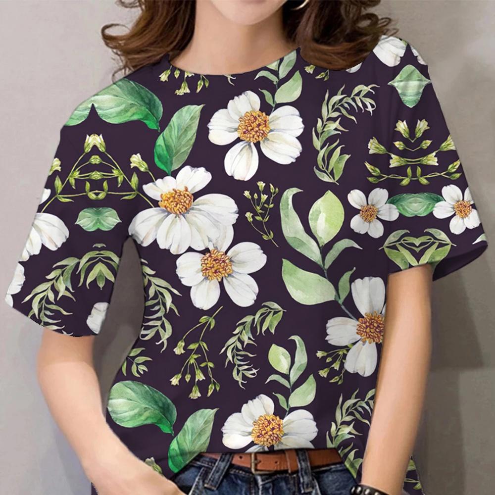Women's Beautiful Flower T-shirt Round Neck Loose Casual Top