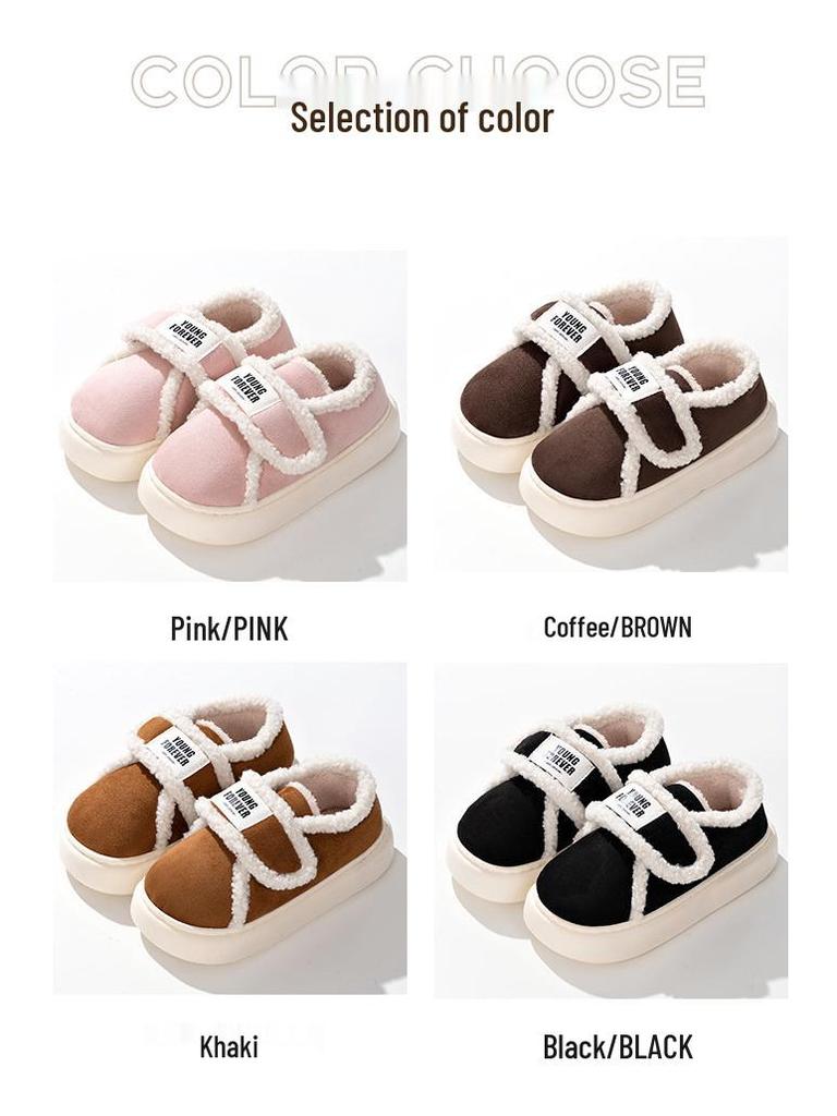 Women's Retro Velcro Cotton Slippers - Non-Slip, Warm Velvet, Full Heel for Autumn/Winter.
