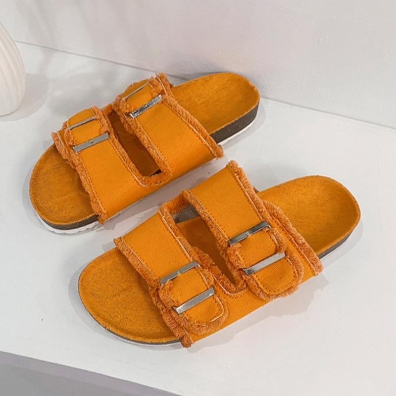 Fashion Fabric Roman Slippers Summer New Round Toe Metal Buckle Soft Sole Non-slip Wear-resistant Plus Size Flats