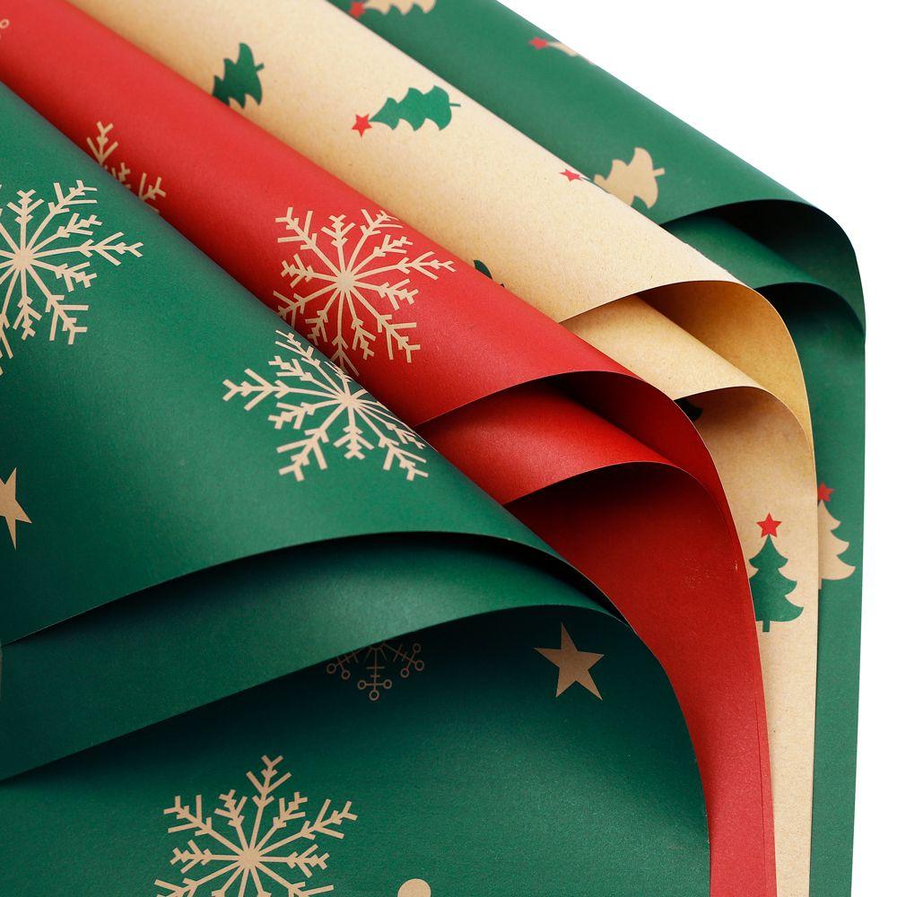 1/10rolls Christmas Kraft Wrapping Paper Red Green DIY Xmas Tree Santa Claus Snowflake Patterns Gifts Craft Packaging Party Home