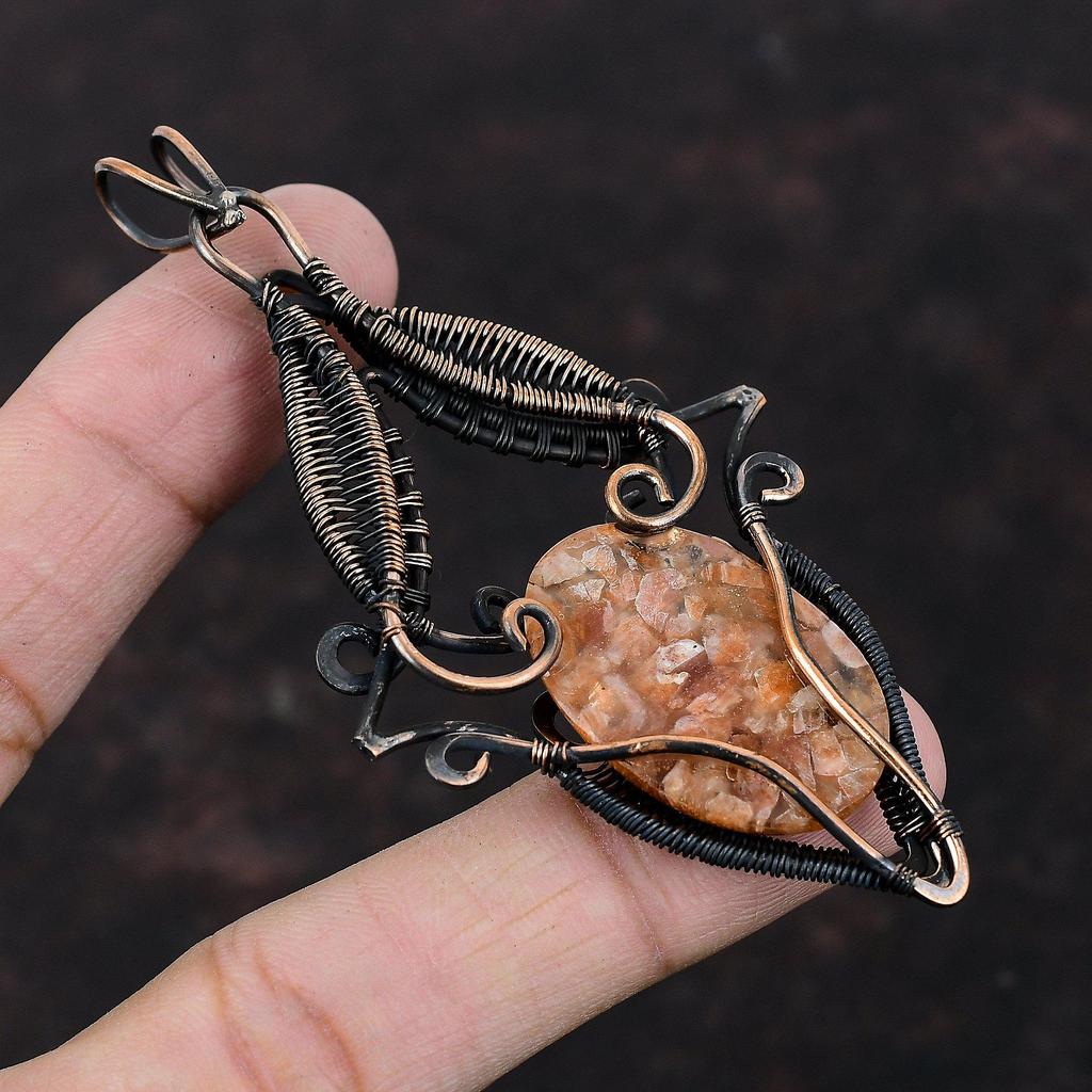 Sonnenstein Edelstein Anhänger Kupferdraht umwickelter Anhänger Sonnenstein Schmuck Handgefertigter Anhänger Kupferdraht Schmuck Jubiläumsgeschenk Stilvoller Anhänger