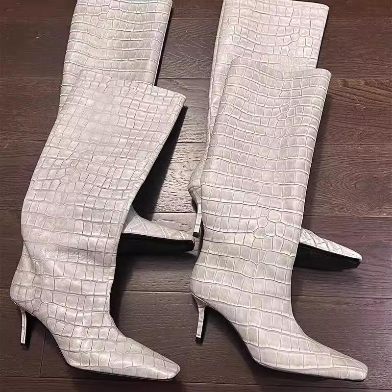 2025 new Mona same square head high heel white knight boots crocodile pattern tall tube European and American but knee long boots