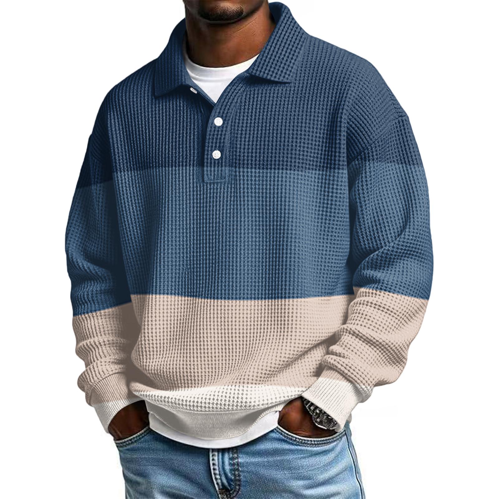 

Men’s Long Sleeve Knit Polo Shirt Casual Loose Fit Pullover Top with Button Placket and Color Block Design XXXL