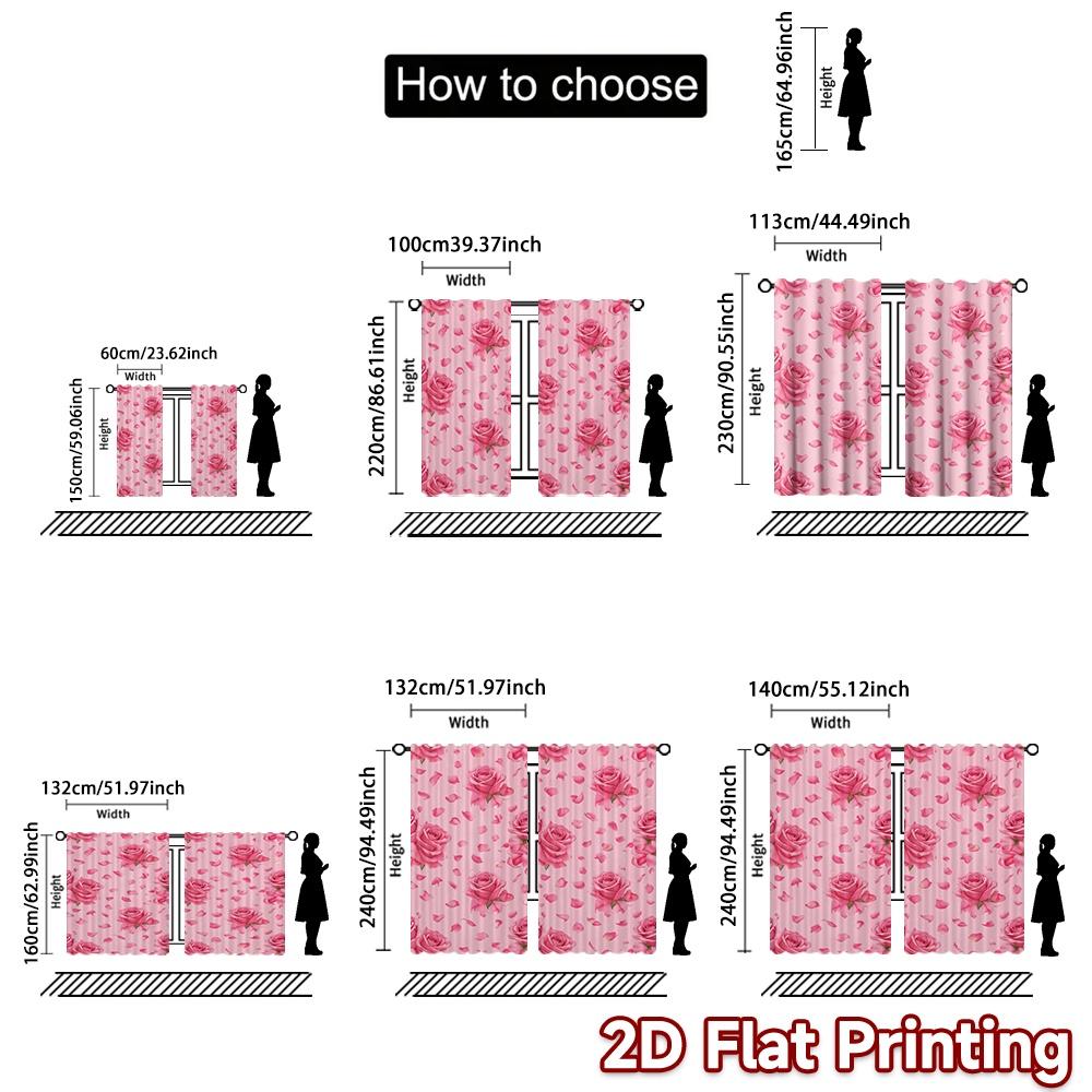 2D FLAT PRINTING 2pcs Curtains (Without Rod) Valentine's Pink Roses Pattern Modern Curtains Fabric Curtains Eid al-Fitr Suitable