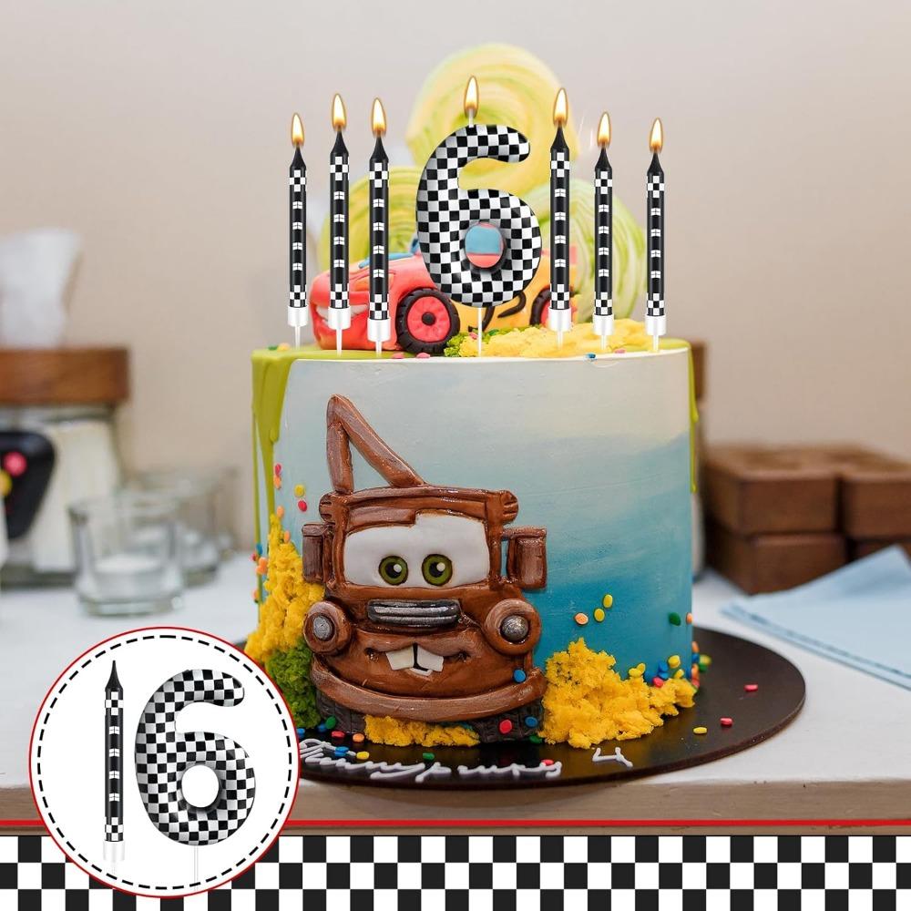 13 Pcs Racing Cars Themed Birthday Candles 12DoubleWhite Race NumberCheckered Candle Cake Topper for Racing Car Party