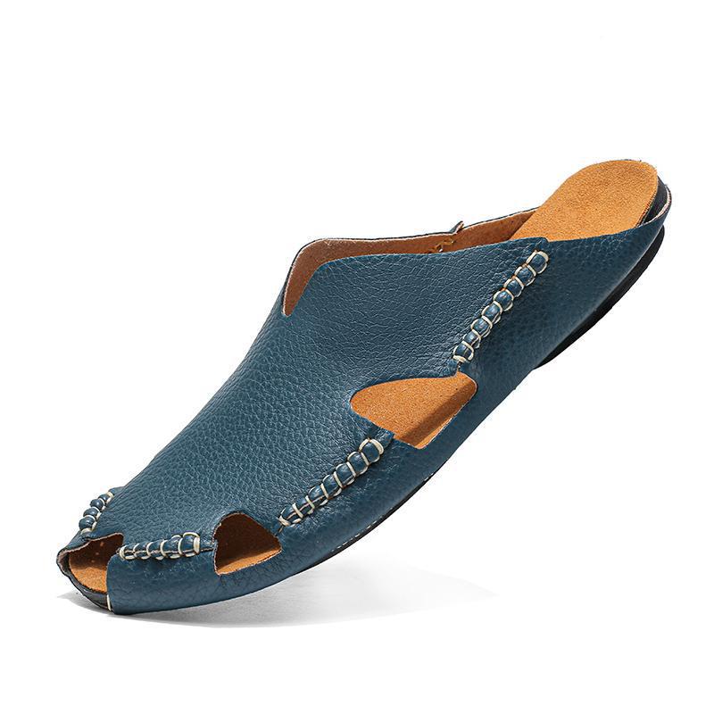 Men s Genuine Leather Non-Slip Toe Cap Slippers - Trendy Casual Beach  Outdoor Shoes 40