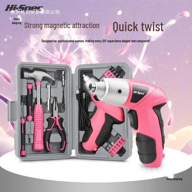 HiSpec Pink Household Tool Set with Wrench, Pliers, Hammer, Electric Screwdriver, and Toolbox