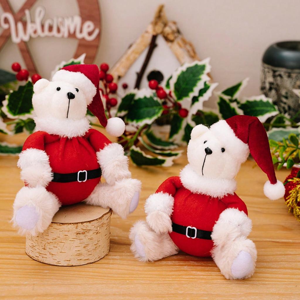 Festives Santa Dressed Sitting Bear Figurine Christmas Theme Animal Figure Ornament Plush Doll Home Decoration