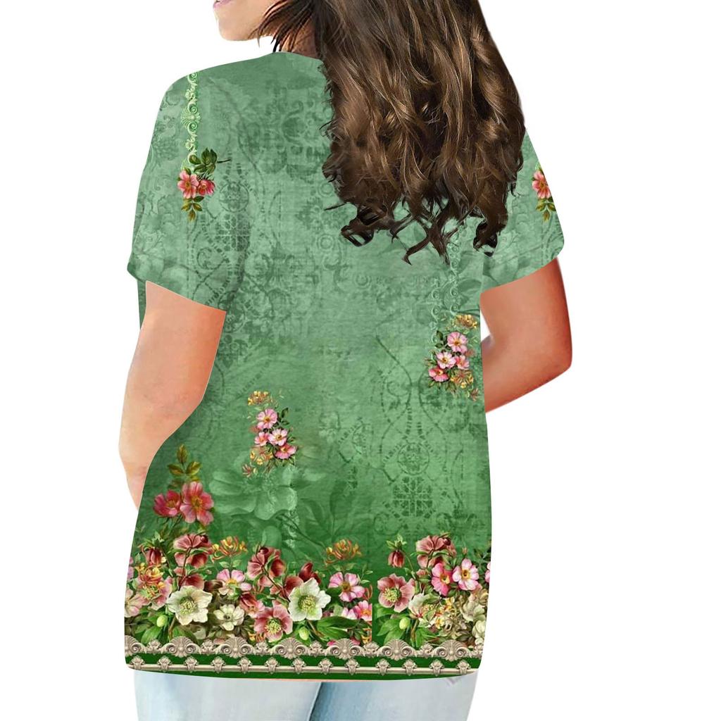 Camisa de manga corta para mujer, con botones, talla grande, camiseta informal con estampado de flores