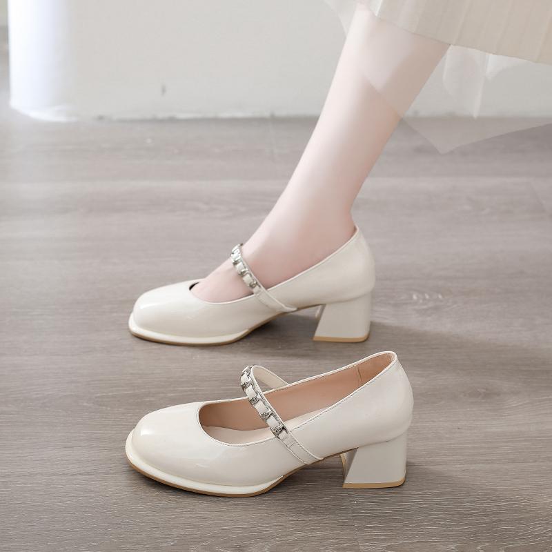 Fashion Metal Buckle One Strap Square Heel Single Shoes New Round Toe Shallow Mouth Mary Jane Shoes for Autumn