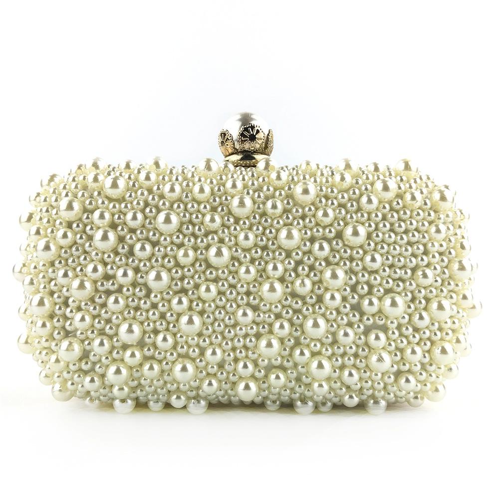 Luxury Crystals Beaded Pearl Evening Clutch Bags Wedding Party Handbag Fashion Women White Beige Long Chain Shoulder Handbags