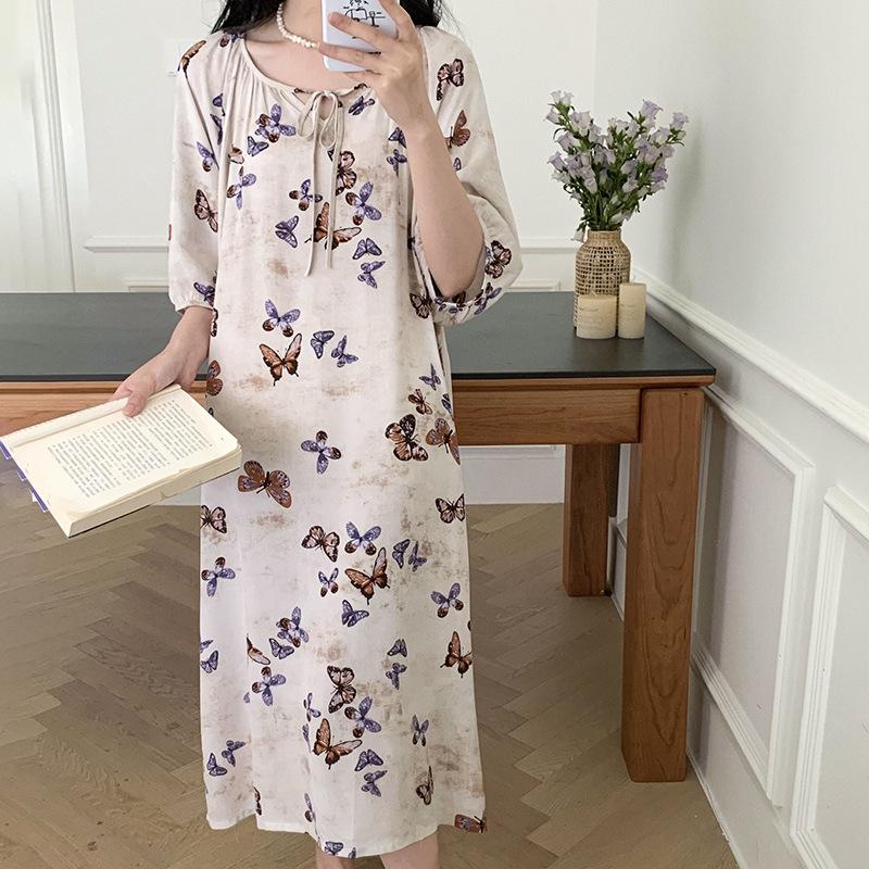 1011 new cotton and silk nightdress women's summer short-sleeved pajamas cartoon pony element long loose cotton silk skirt can be worn outside