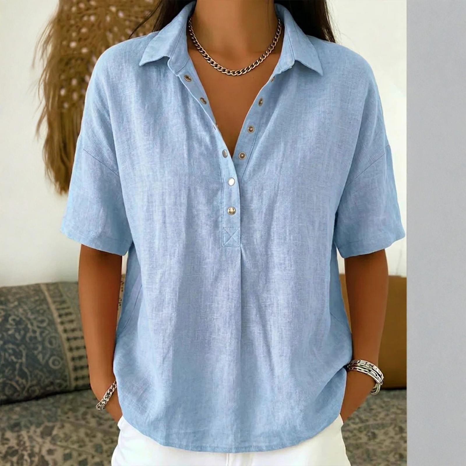 Women s Fashionable Loose-Fit Button-Down V-Neck Short-Sleeve Shirt Casual Top M