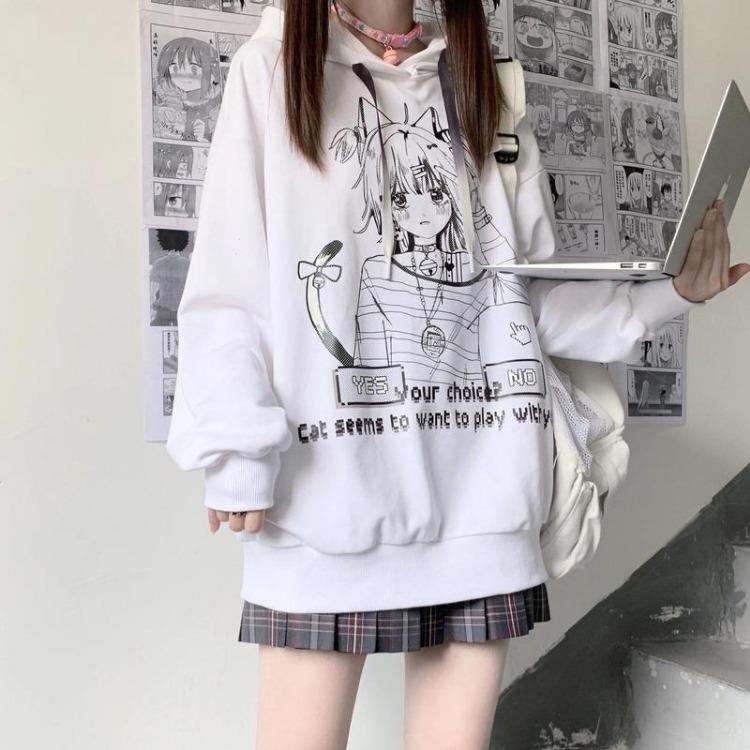 Sudadera con capucha Gótica de Anime Oversize para Mujer Harajuku Streetwear Pulóver Manga Larga Negro Blanco Moda Femenina Sudadera