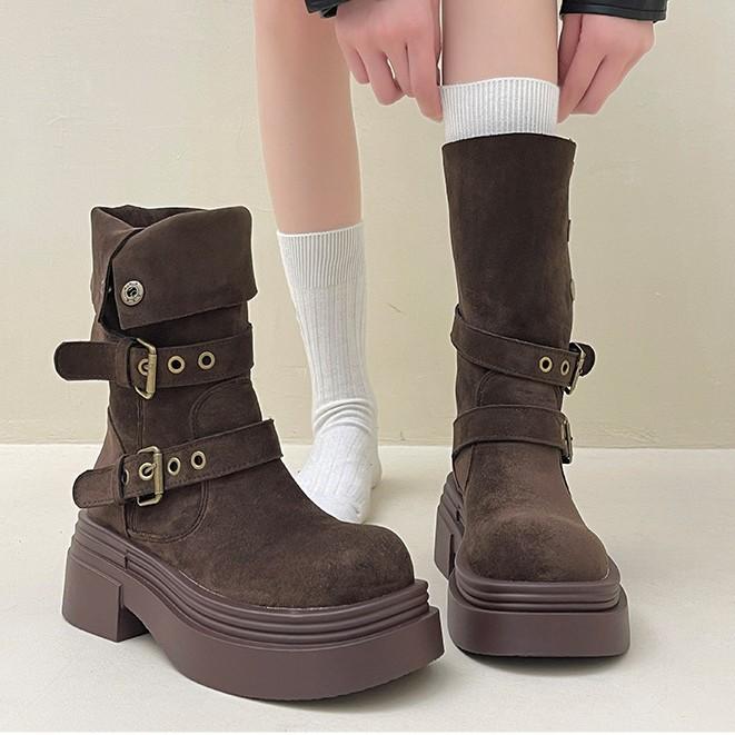Skinny Versatile Short Boots Retro Martin Boots Women's New Season Suede Thick Heel Thick Bottom