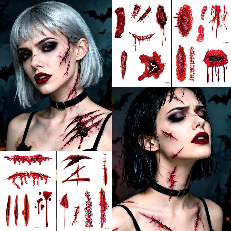 1 Sheets Halloween Scar Tattoos Stickers Temporary Bloodstain Wound Costume Festival Celebration Make Up Arm Face Tattoo