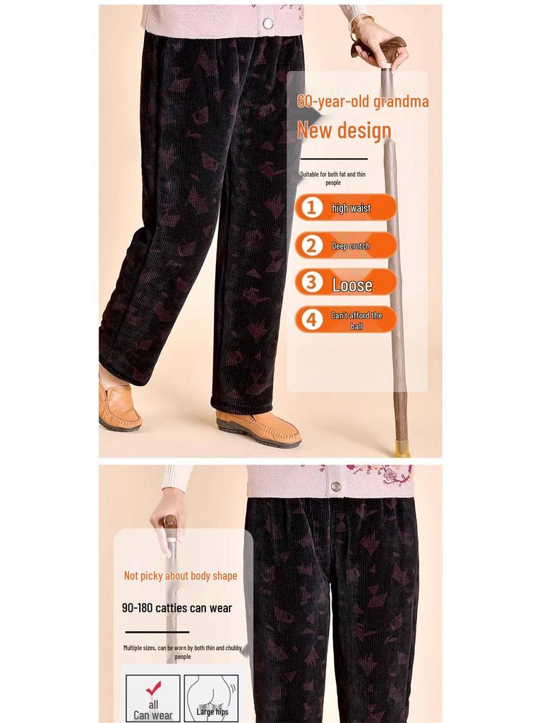 Corduroy Winter Velvet-Lined Trousers for Women - Warm, Straight-Leg, Ideal for Elderly and Middle-Aged.
