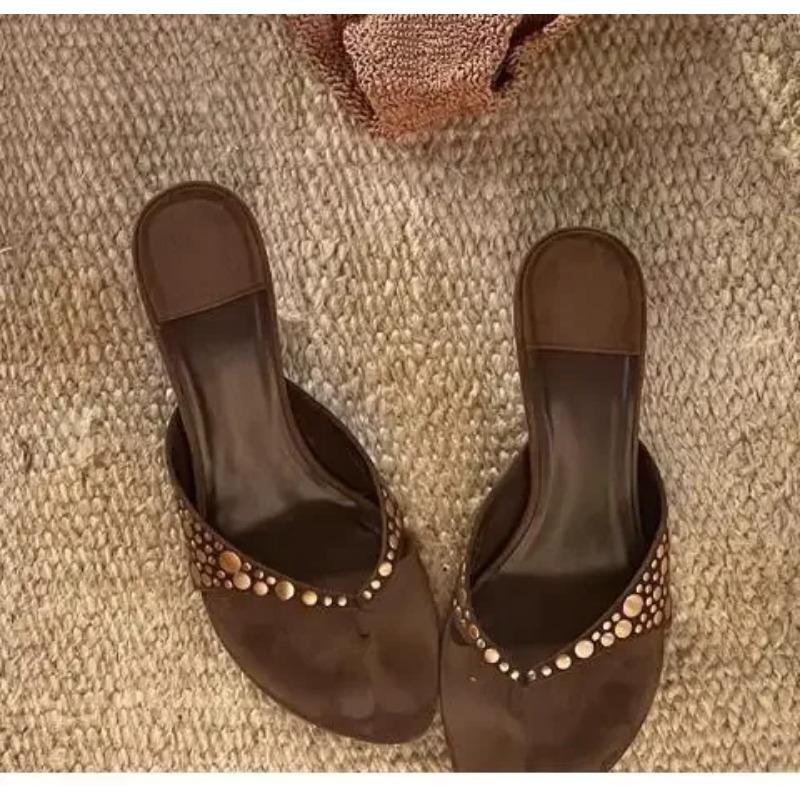 Fashion 2025 High Heels Women's Summer Riveted Flip-flops Sandals Sexy Stiletto Shoes Metal Embellished Beach Seaside