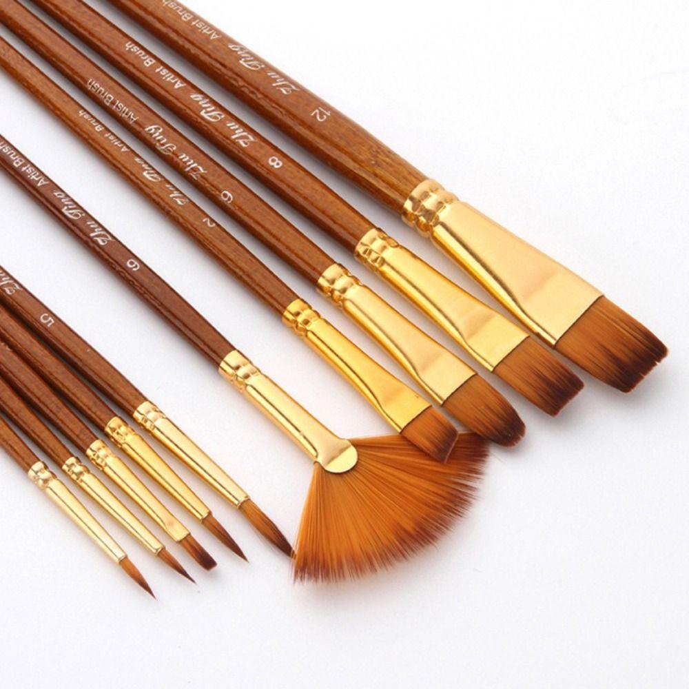 10Pcs/Set Round Flat Angle Artist Paint Brushes Set Wooden Pole Drawing Art Brush  Gift