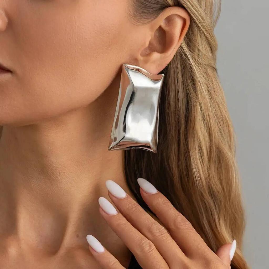 Ingemark Punk Exaggerated Big Irregular Metal Glossy Stud Earrings for Women Trendy Classic Gold Color Pierced Earring Jewelry