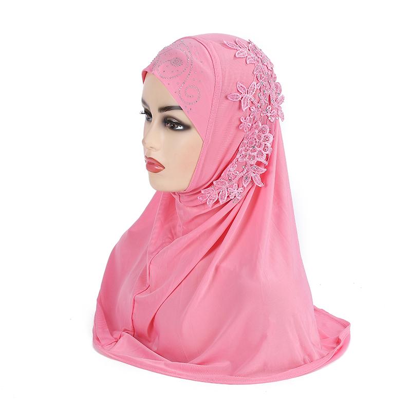 

H027 beautiful big gilrs muslim hijab with lace and stones islamic scarf shawl headscarf hat armia pull on wrap ramadan gift рожевий