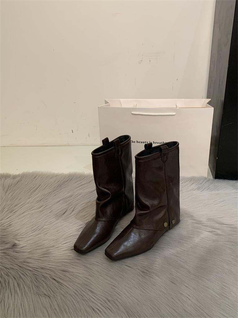 Retro Wasteland Wind Western Cowboy Boots Women's Autumn and Winter New Square Head Pants Boots Thick Heel Skinny Pile Short Boots
