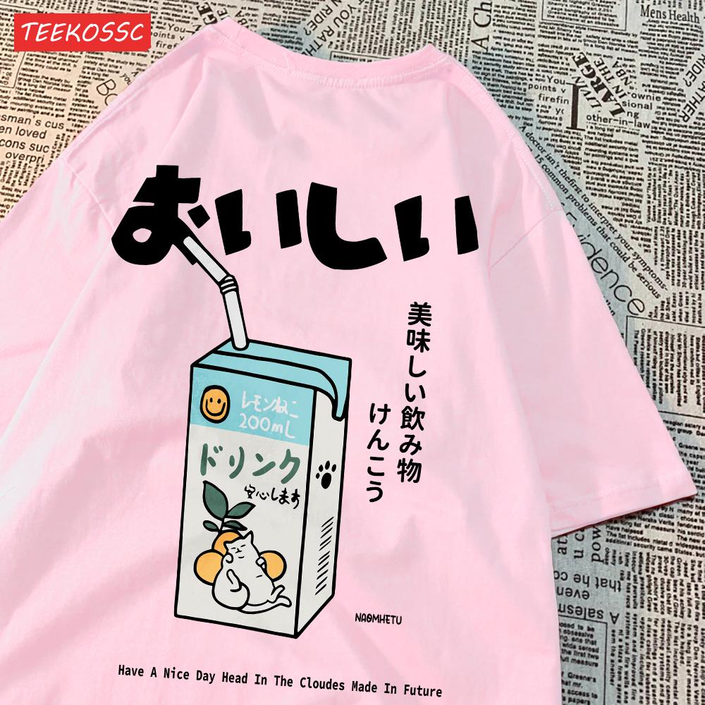 Niedliches Japanisches Katzenmuster Übergroßes T-Shirt Damen Herren Kurzarm Locker Lässiges T-Shirt Streetwear Oberteile Baumwolle Harajuku Kleidung