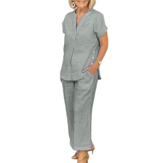 2 Stück/Set Damen Top Hosen Set V-Ausschnitt Einfarbig Kurze Ärmel