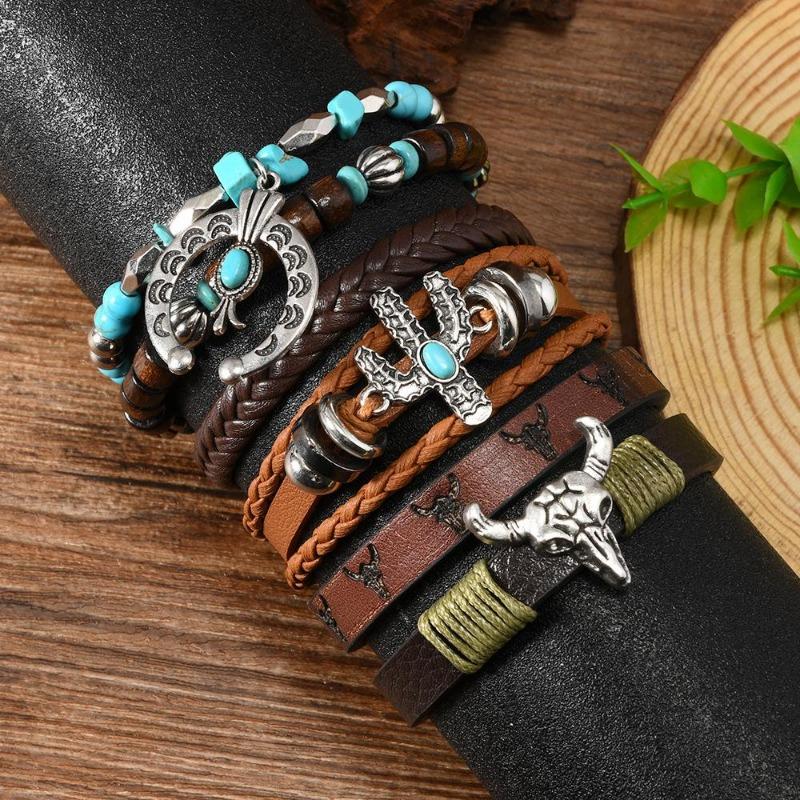 Boho Bracelet Set for Men Leather Braided Wrap Bracelet with Wood Beads Bull Skull & Evil Eye Charm Ethnic Viking Style Jewelry