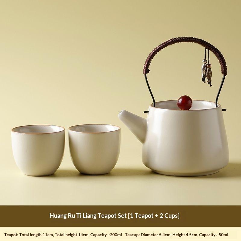 

Beige Ru Kiln Gongfu Tea Set 1 Pot 2 Cups with Crackle Glaze Small Single Serving Set with Bell Cups for Home Office Hotel Party