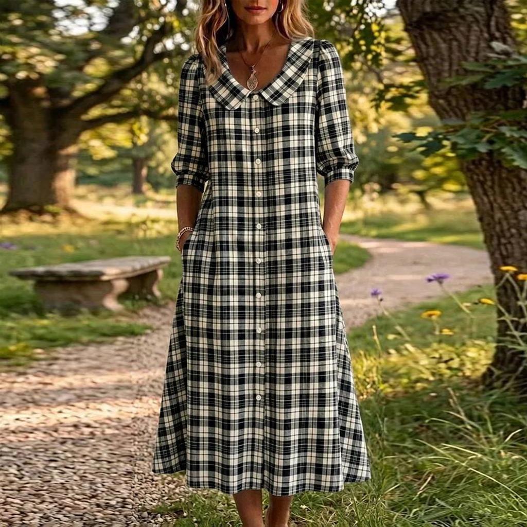 Women's Short Sleeve Plaid Dress - Lapel Collar Single Breasted Casual Button Down Dress