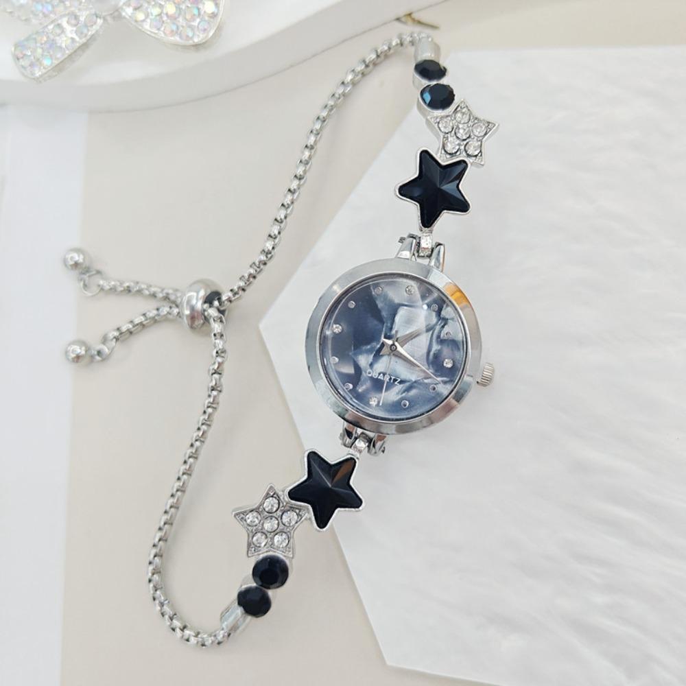 

Rhinestone Star Chain Watch Alloy Ladies Wristwatch Fashion Bracelet Watch for Women Girls чорний/срібний